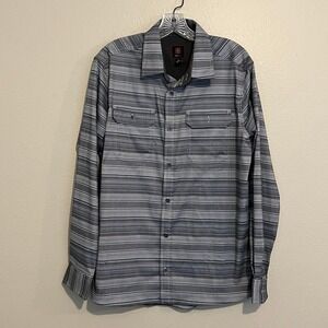 Swiss Tech men's medium button down shirt gray and blue stripe thick material